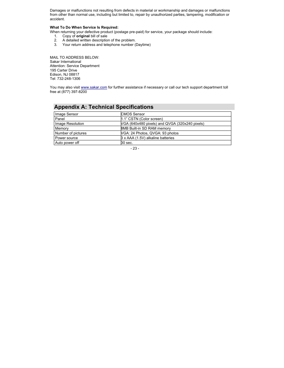 Appendix a: technical specifications | Sakar 92045 User Manual | Page 23 / 27