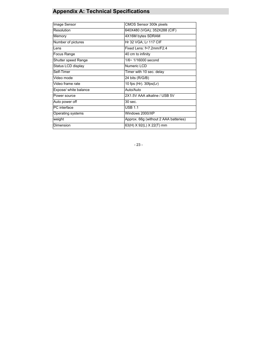Appendix a: technical specifications | Sakar 16381 User Manual | Page 23 / 26