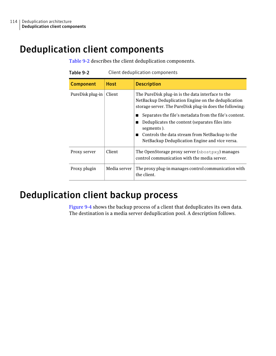 Deduplication client components, Deduplication client backup process, 114 deduplication client backup process | Symantec NETBACKUP 7 User Manual | Page 114 / 122