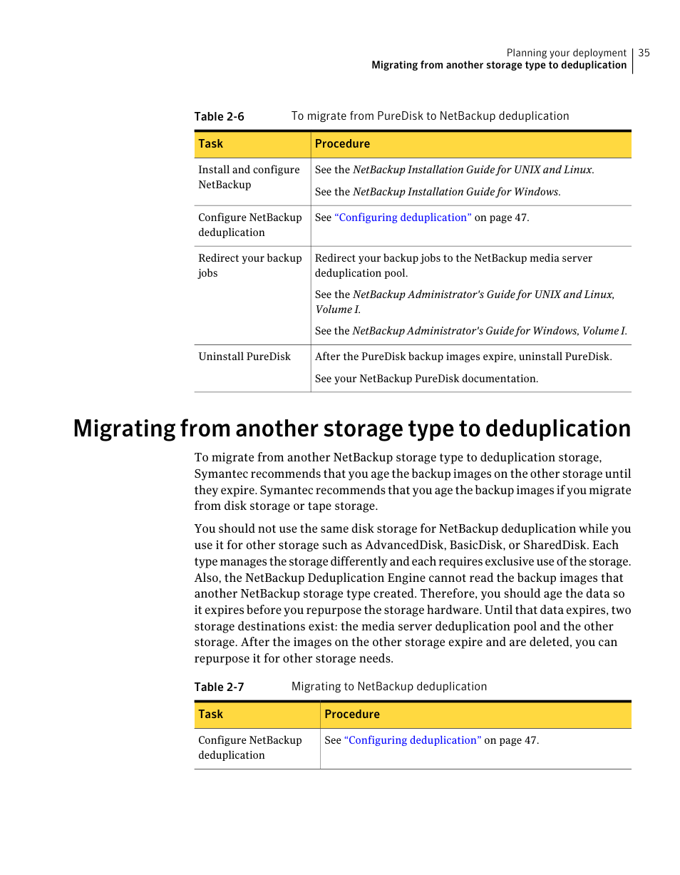 Migrating from another storage type to, Deduplication | Symantec NETBACKUP 7 User Manual | Page 35 / 122