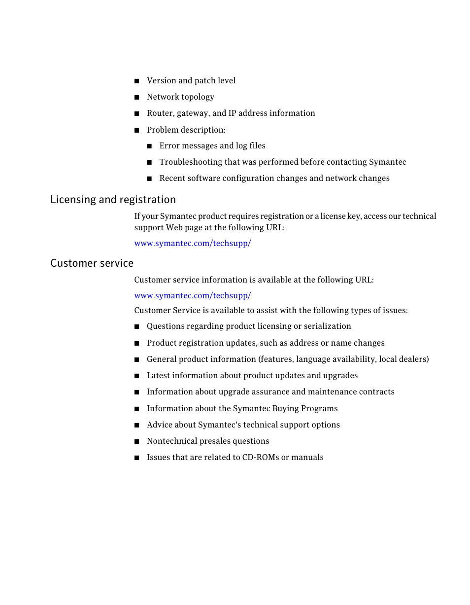 Licensing and registration, Customer service | Symantec NETBACKUP 7 User Manual | Page 5 / 122
