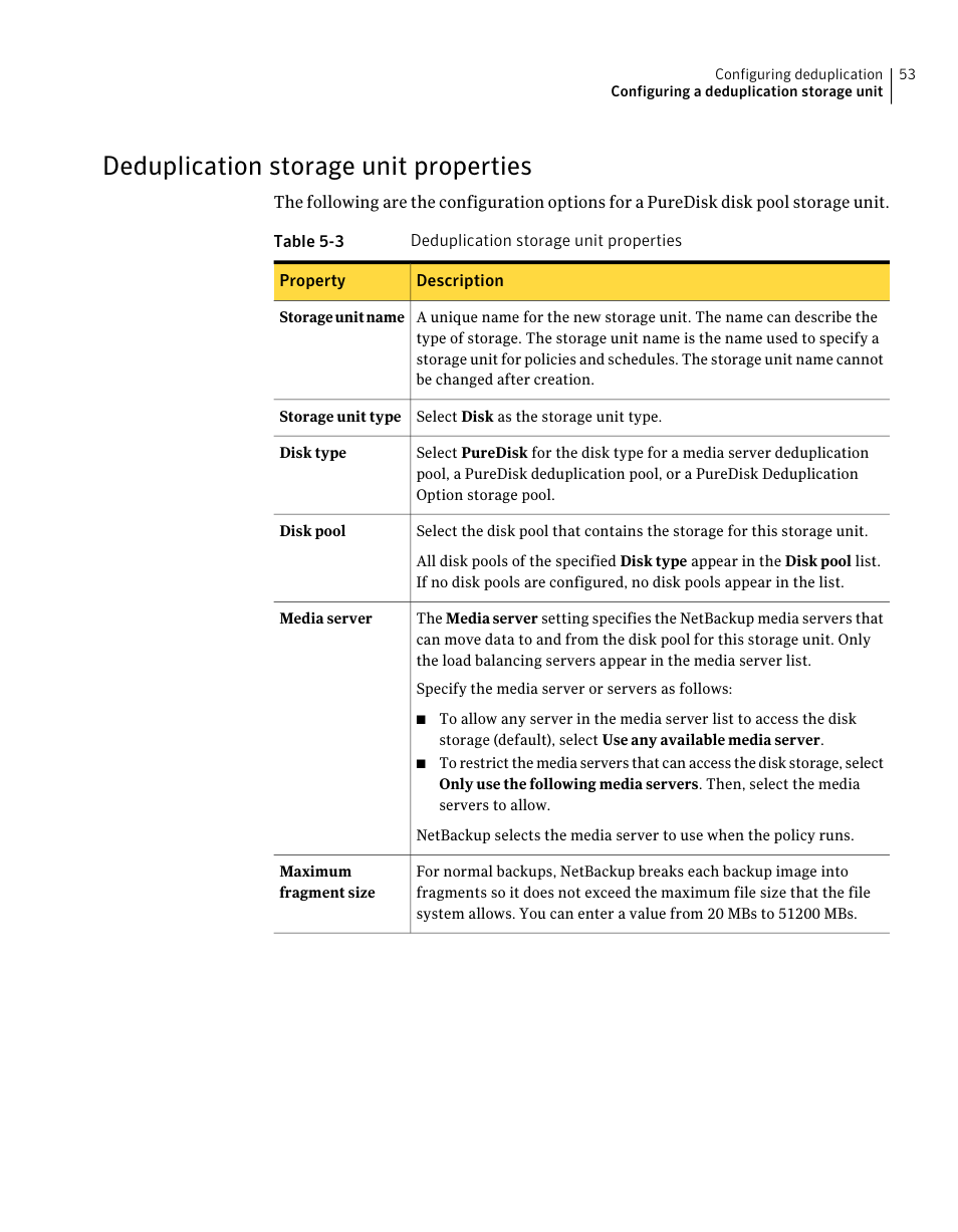 Deduplication storage unit properties | Symantec NETBACKUP 7 User Manual | Page 53 / 122