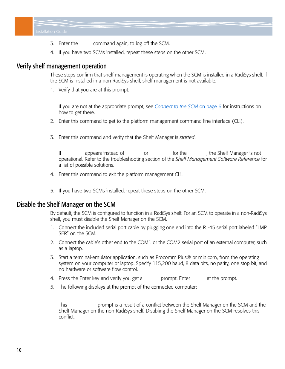 Verify shelf management operation, Disable the shelf manager on the scm | Symantec RadiSys ATCA-2210 User Manual | Page 10 / 14