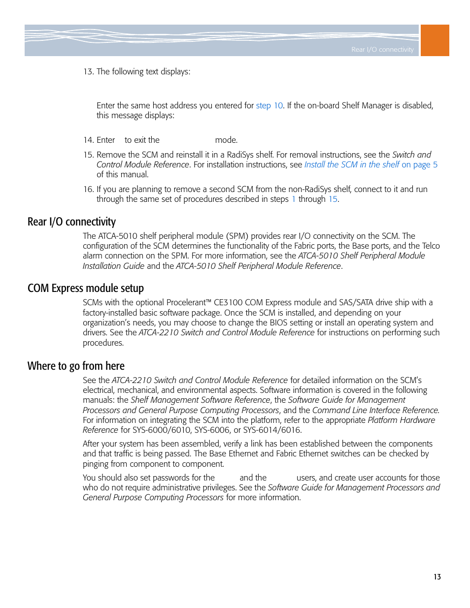 Rear i/o connectivity, Com express module setup, Where to go from here | Symantec RadiSys ATCA-2210 User Manual | Page 13 / 14