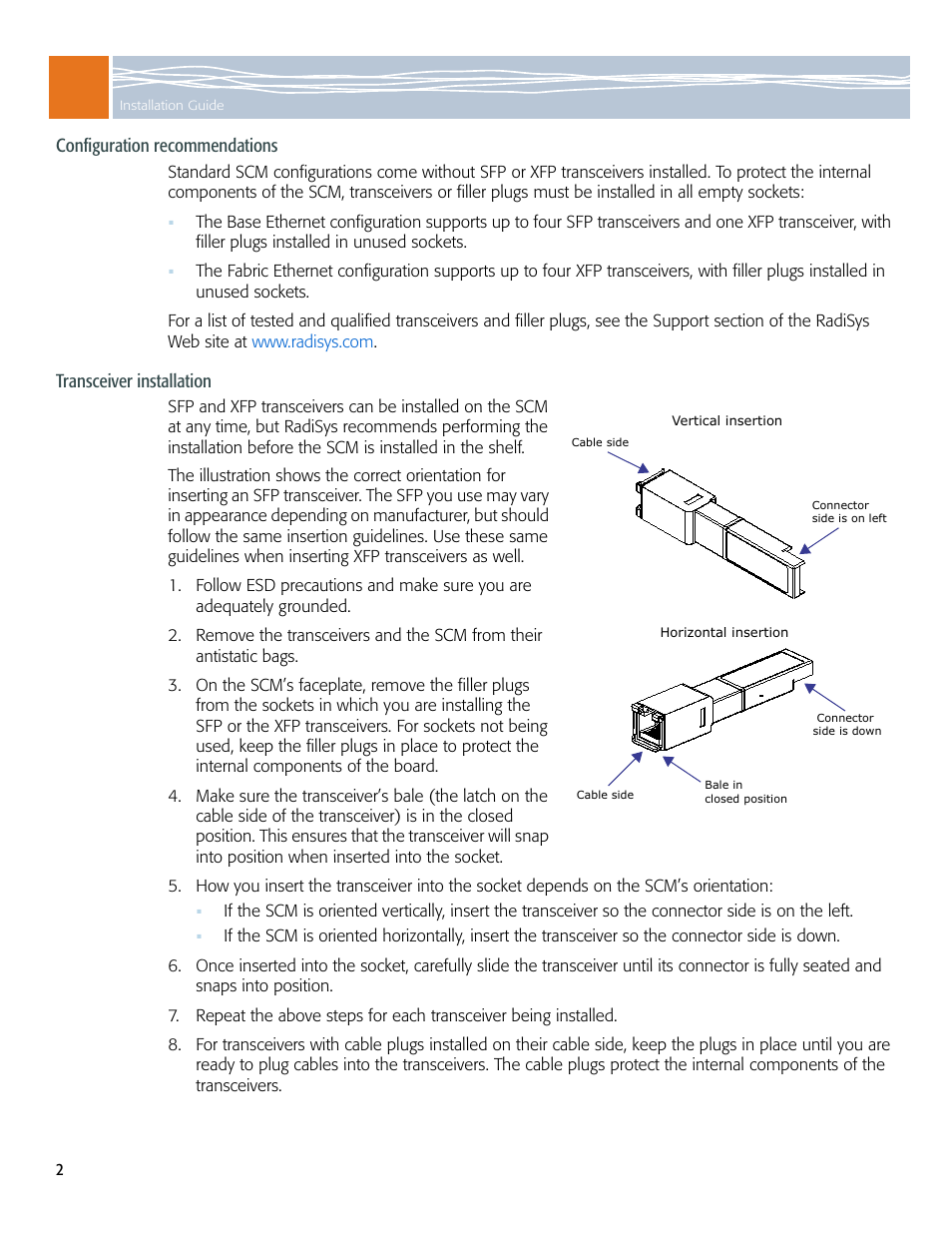 Configuration recommendations, Transceiver installation | Symantec RadiSys ATCA-2210 User Manual | Page 2 / 14