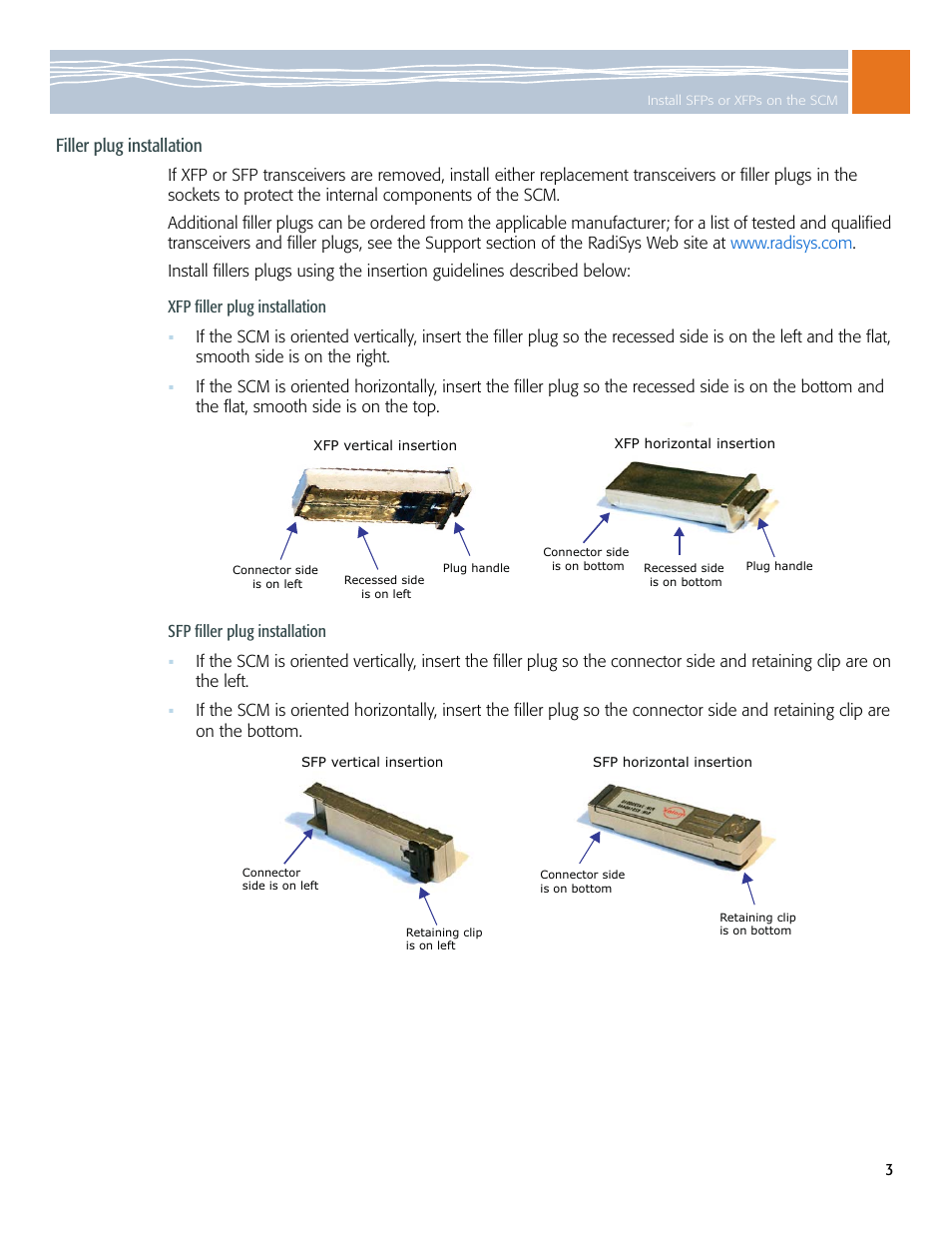 Filler plug installation, Xfp filler plug installation, Sfp filler plug installation | Symantec RadiSys ATCA-2210 User Manual | Page 3 / 14