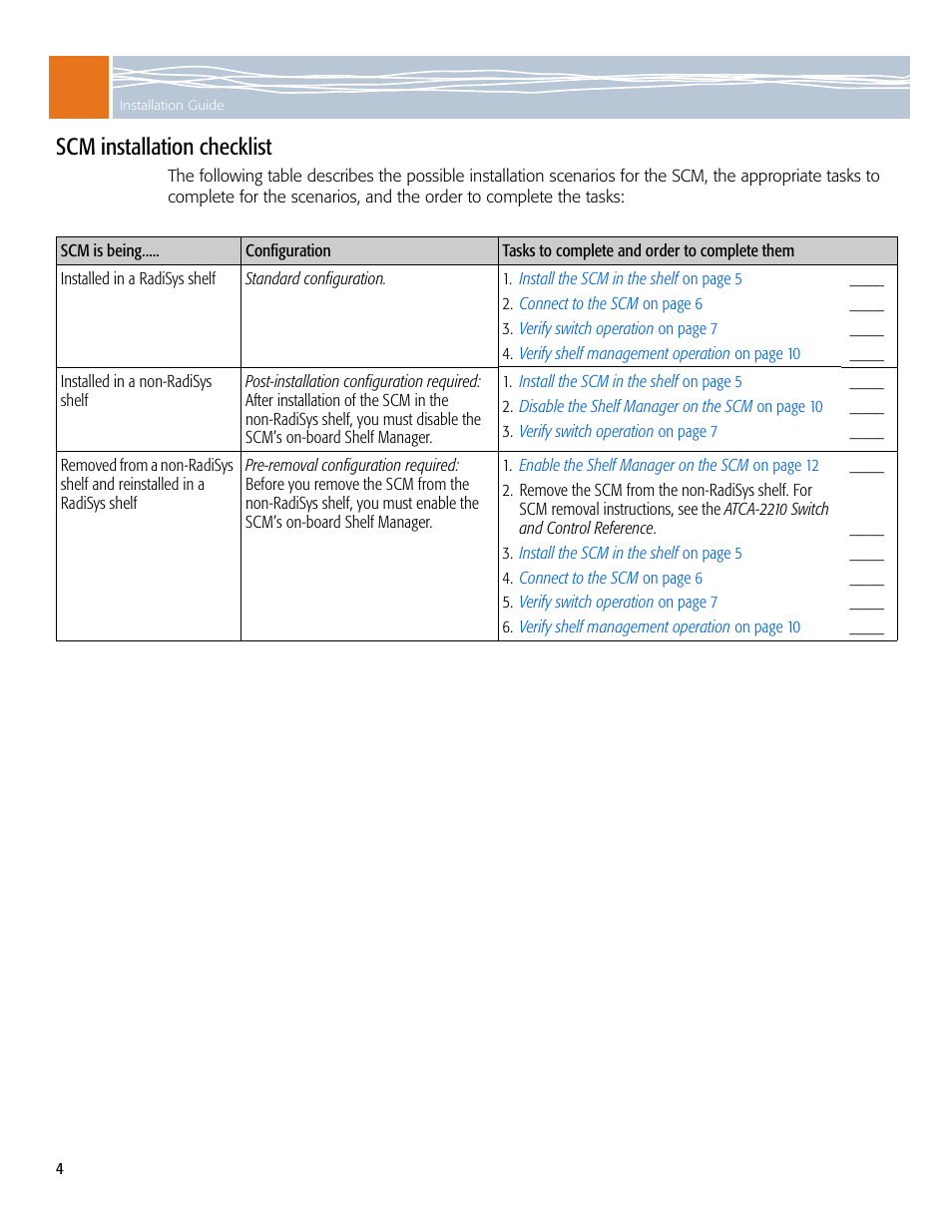 Scm installation checklist | Symantec RadiSys ATCA-2210 User Manual | Page 4 / 14