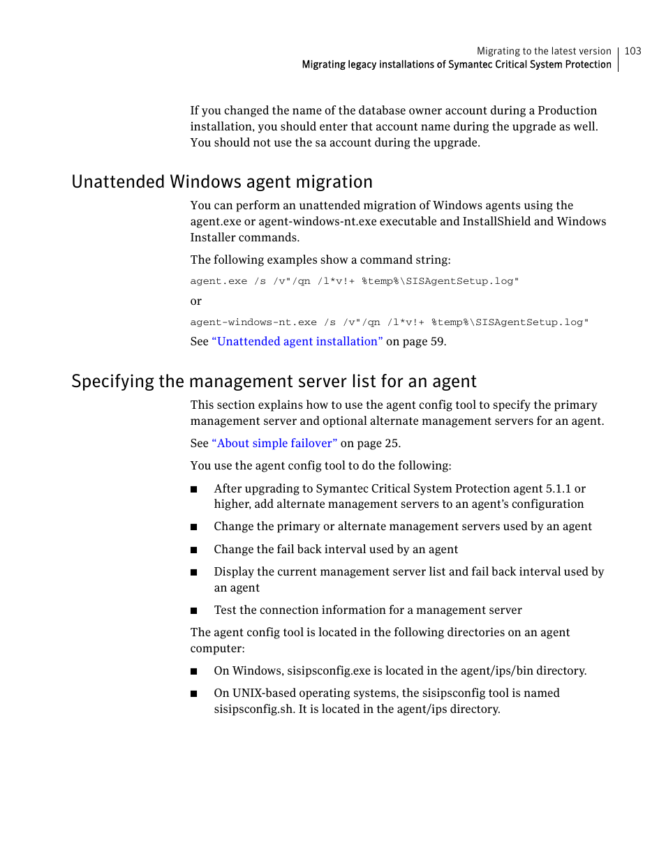 Unattended windows agent migration, Specifying the management server list for an agent | Symantec Critical System User Manual | Page 103 / 122
