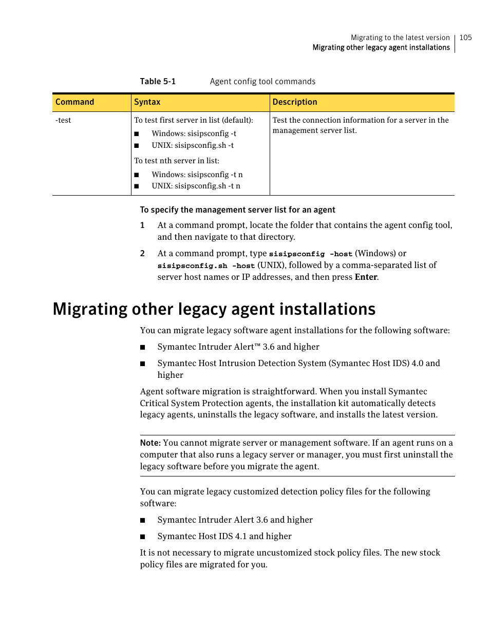 Migrating other legacy agent installations | Symantec Critical System User Manual | Page 105 / 122