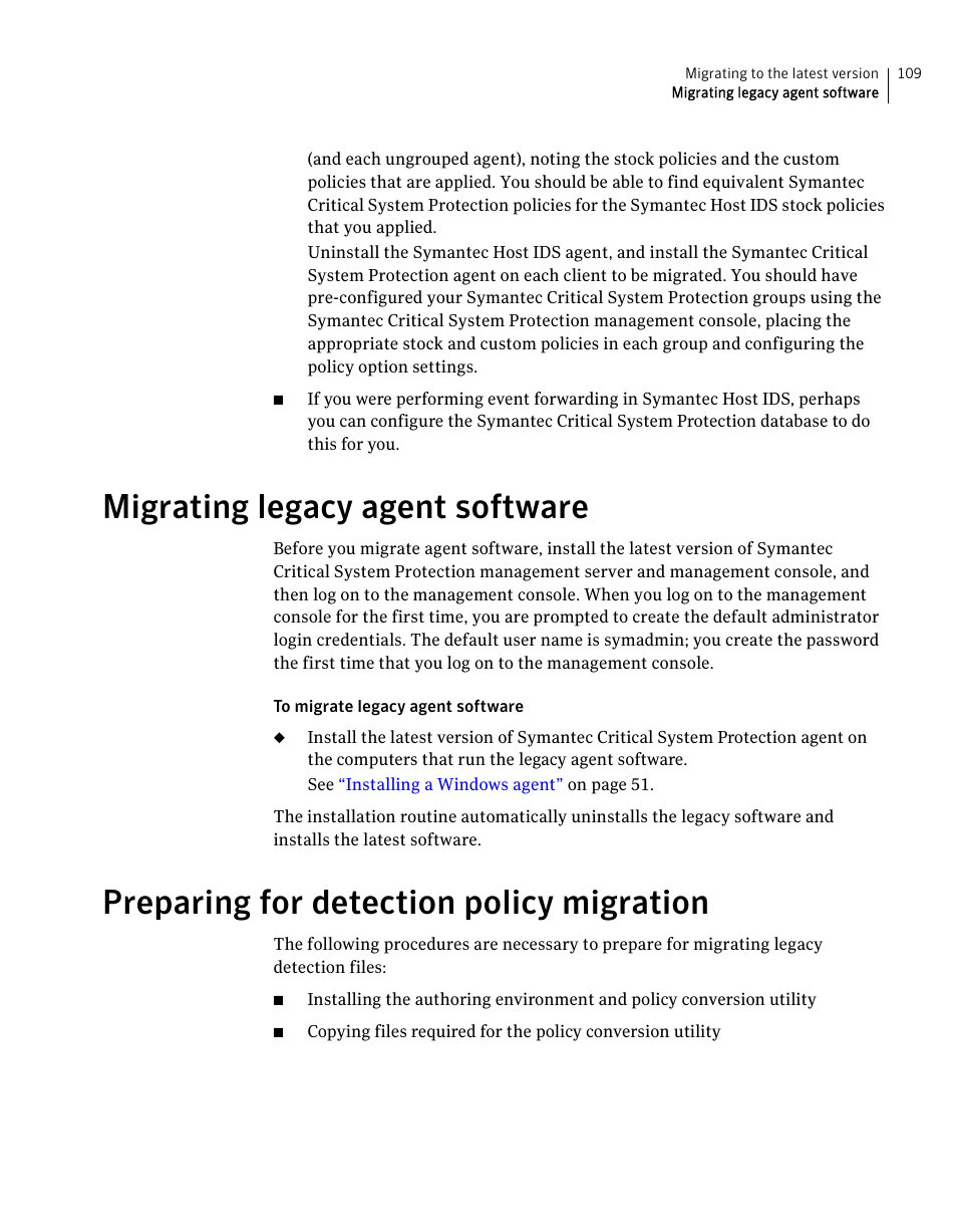 Migrating legacy agent software, Preparing for detection policy migration | Symantec Critical System User Manual | Page 109 / 122