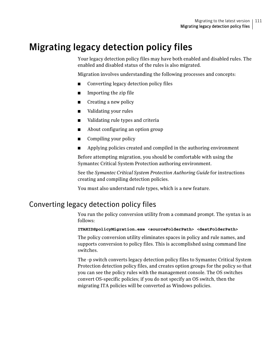 Migrating legacy detection policy files, Converting legacy detection policy files | Symantec Critical System User Manual | Page 111 / 122