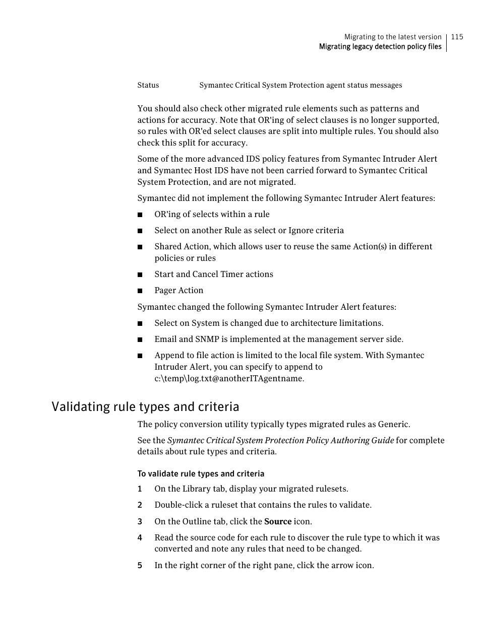 Validating rule types and criteria | Symantec Critical System User Manual | Page 115 / 122