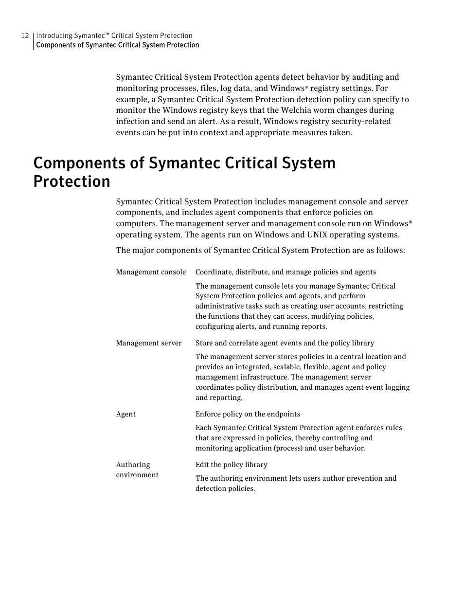 Components of symantec critical system protection | Symantec Critical System User Manual | Page 12 / 122