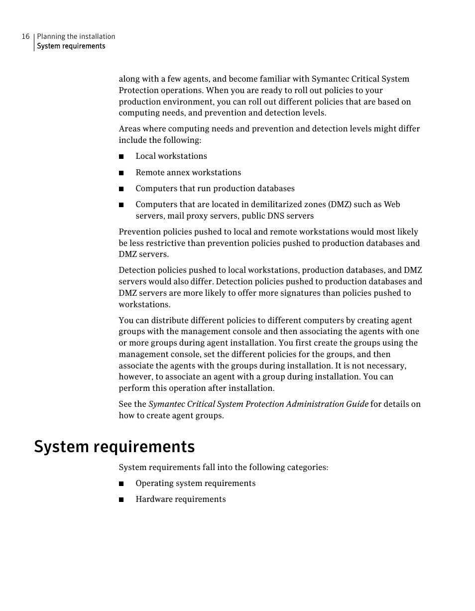 System requirements | Symantec Critical System User Manual | Page 16 / 122