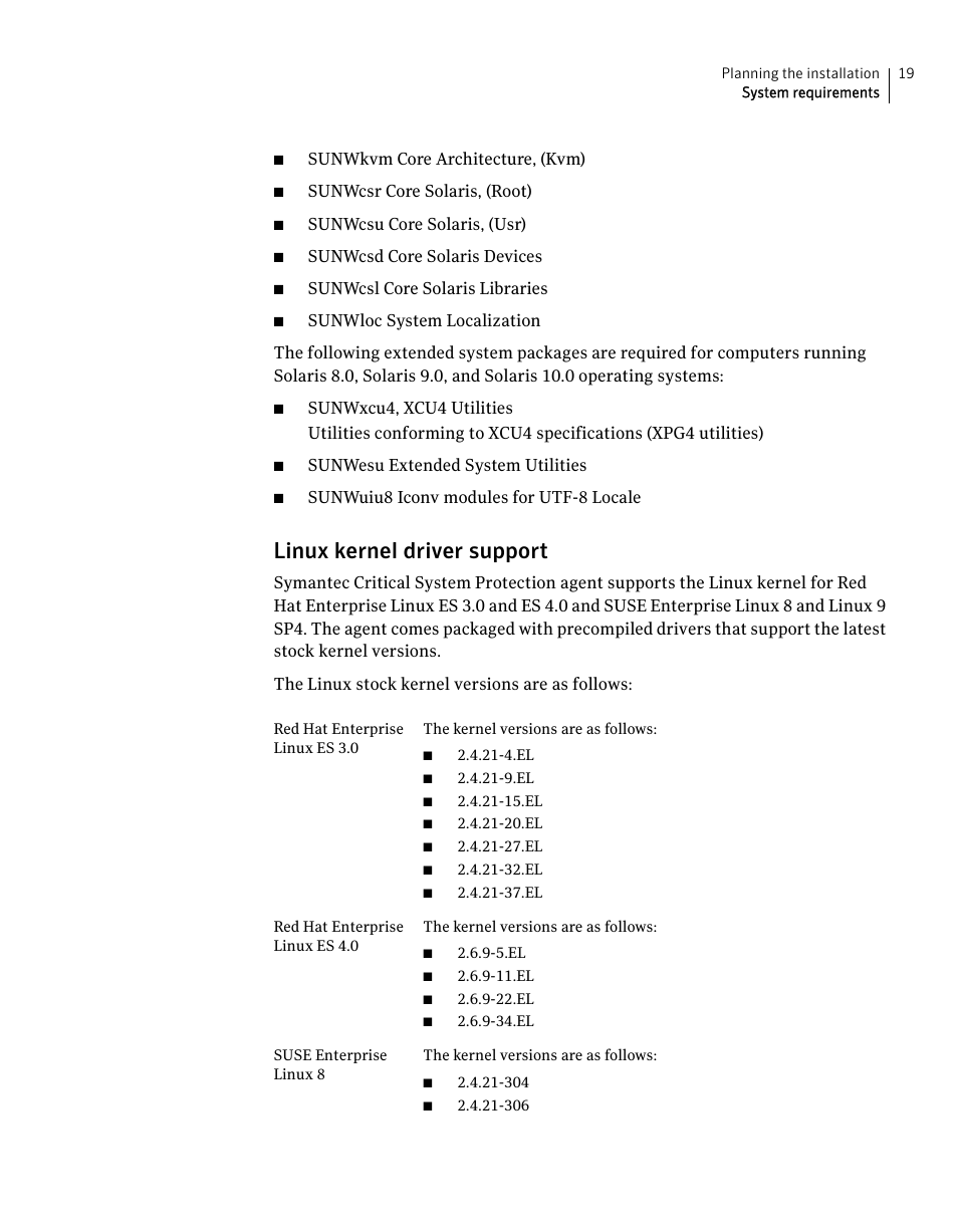 Linux kernel driver support | Symantec Critical System User Manual | Page 19 / 122