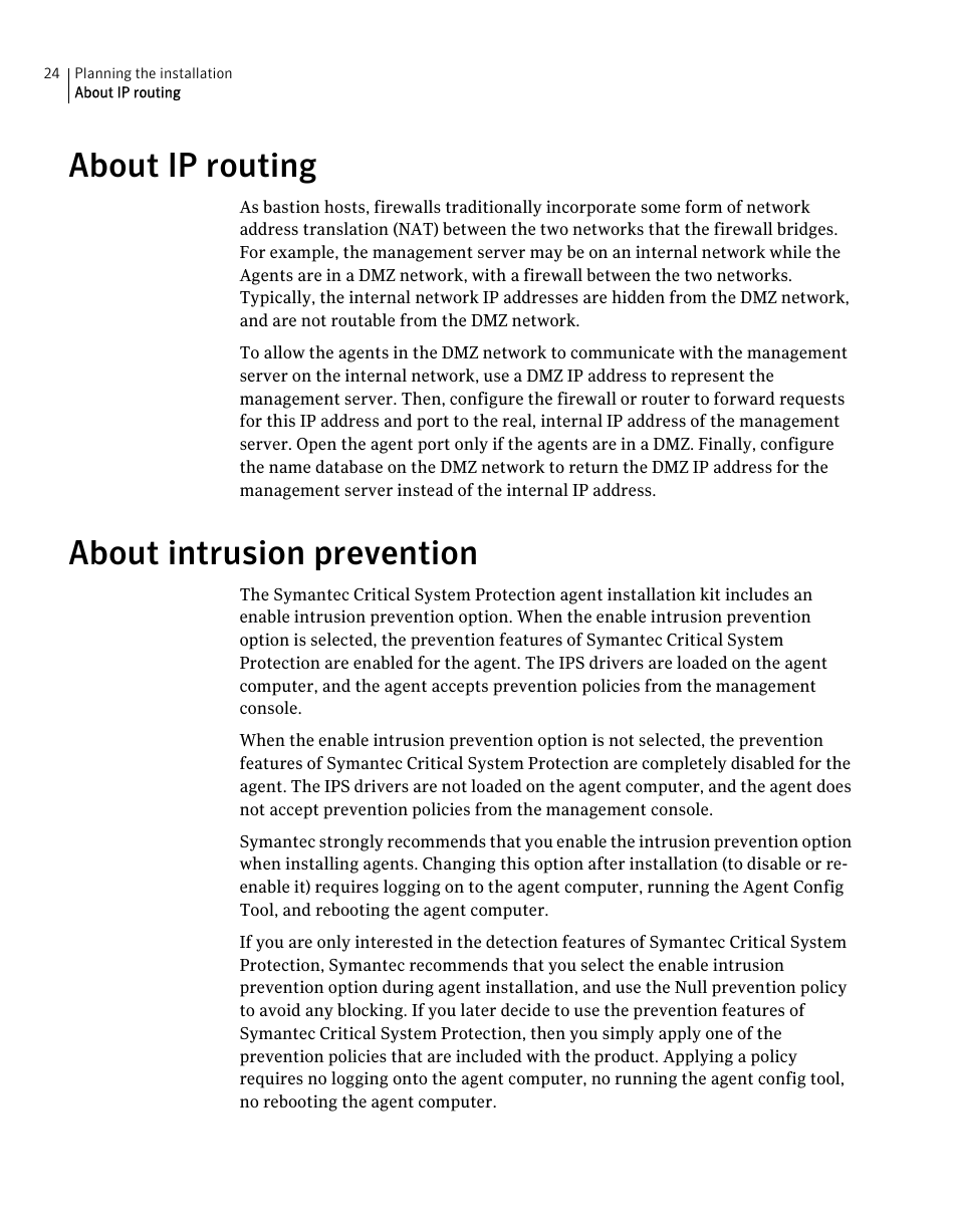 About ip routing, About intrusion prevention, About ip routing about intrusion prevention | Symantec Critical System User Manual | Page 24 / 122