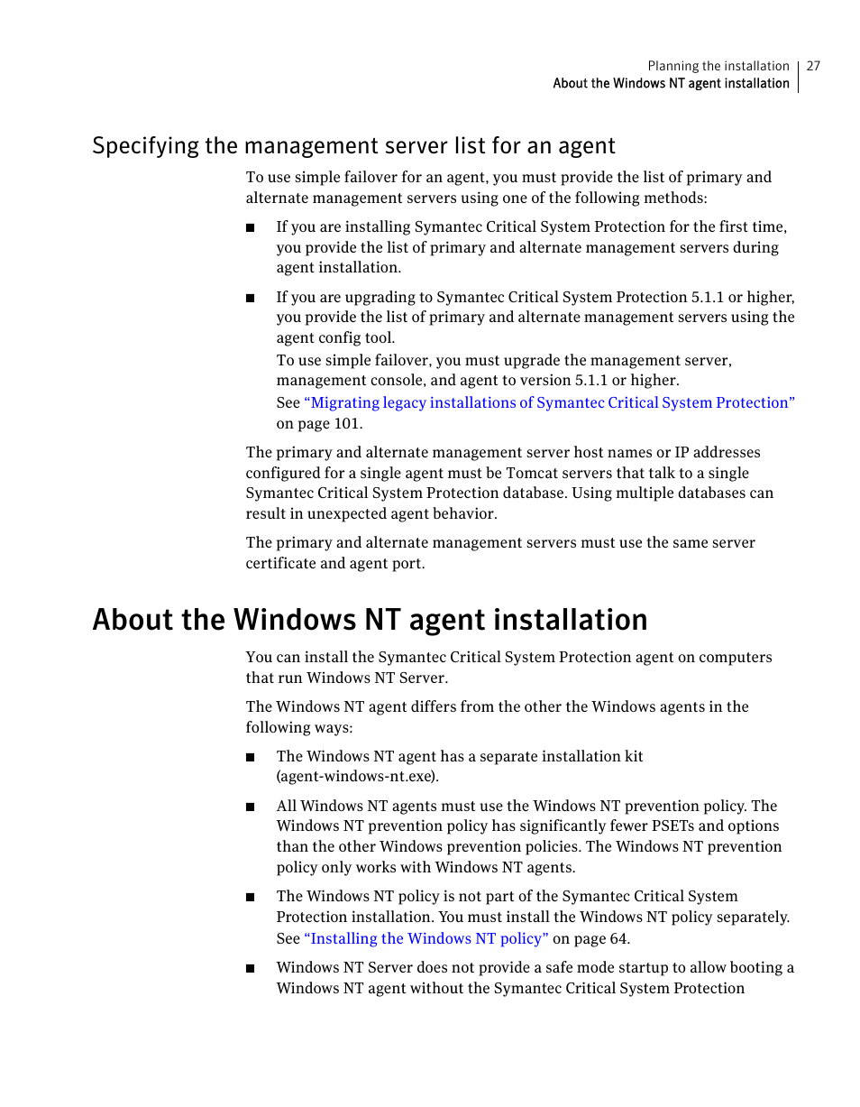 Specifying the management server list for an agent, About the windows nt agent installation | Symantec Critical System User Manual | Page 27 / 122