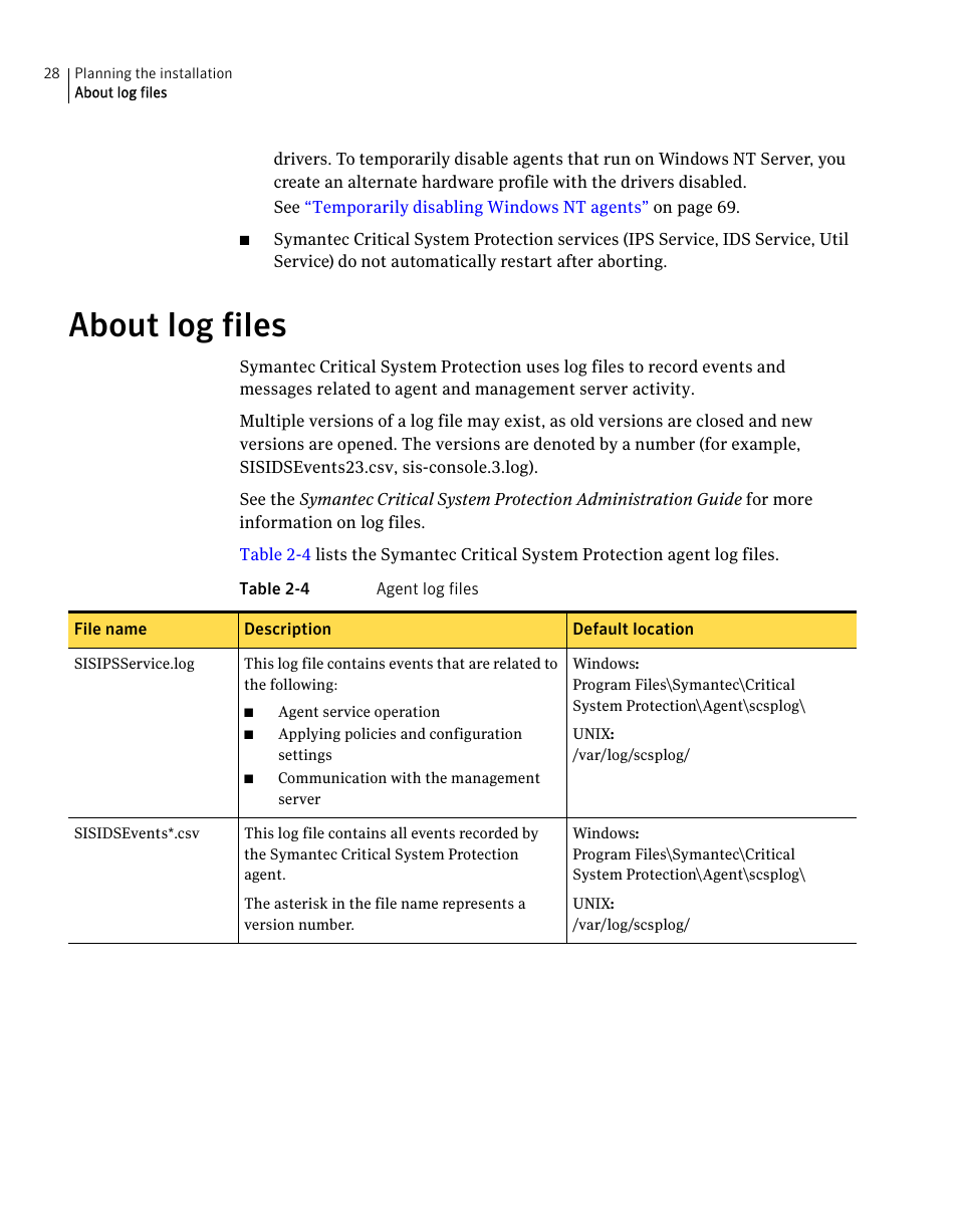 About log files | Symantec Critical System User Manual | Page 28 / 122