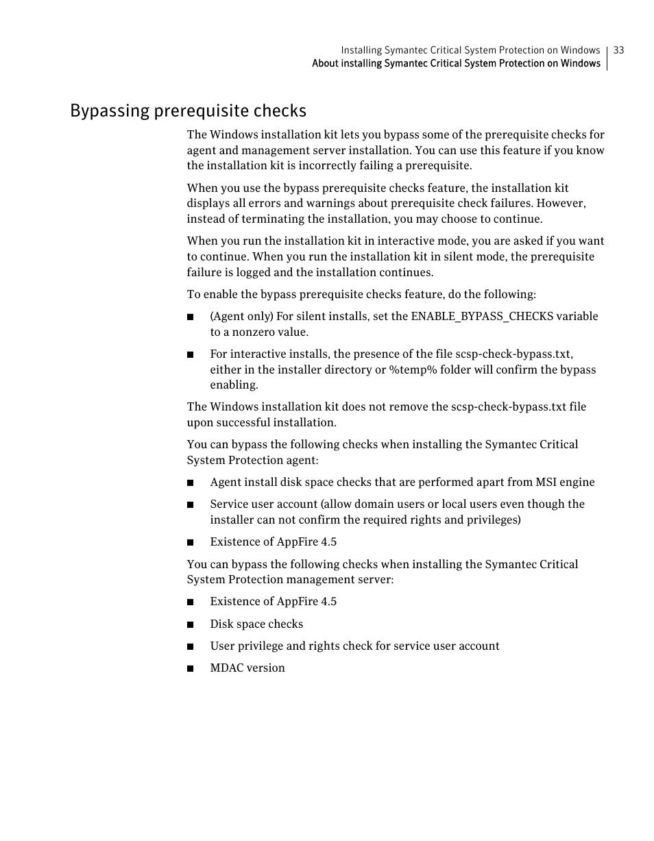 Bypassing prerequisite checks | Symantec Critical System User Manual | Page 33 / 122