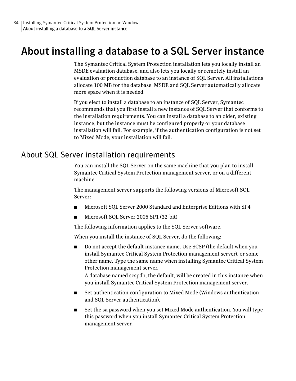 About sql server installation requirements | Symantec Critical System User Manual | Page 34 / 122