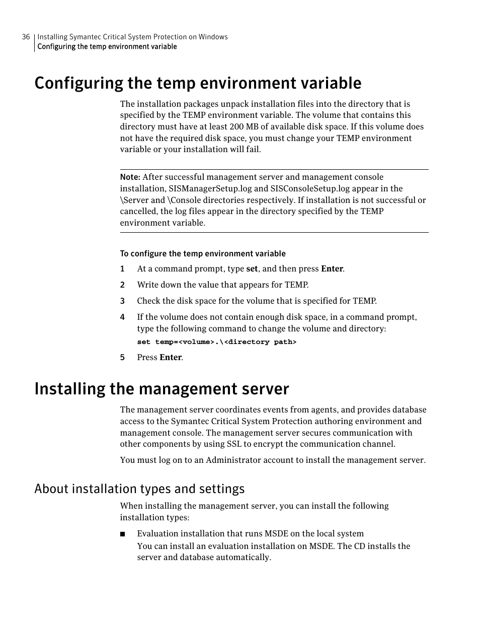 Configuring the temp environment variable, Installing the management server, About installation types and settings | Symantec Critical System User Manual | Page 36 / 122