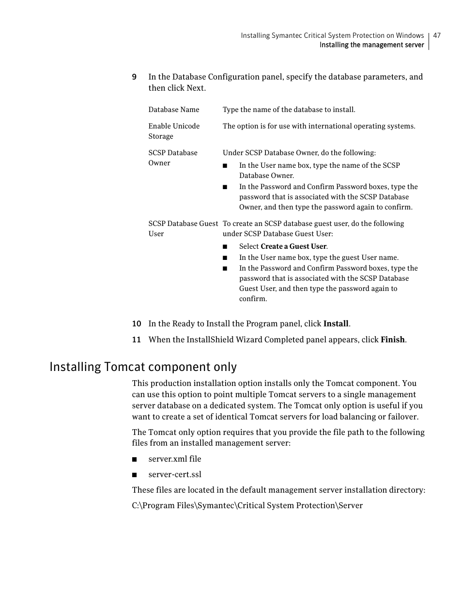 Installing tomcat component only | Symantec Critical System User Manual | Page 47 / 122