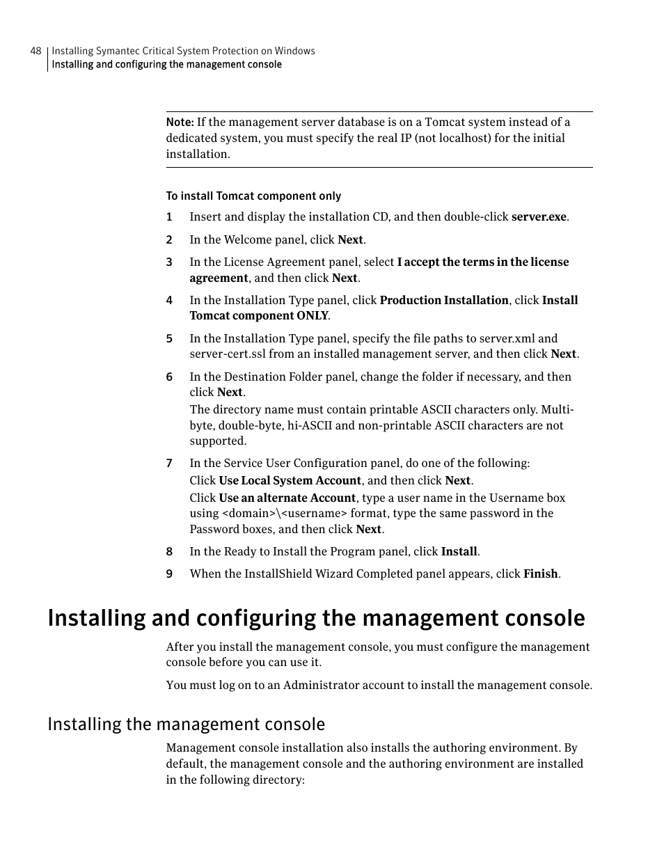 Installing and configuring the management console, Installing the management console | Symantec Critical System User Manual | Page 48 / 122