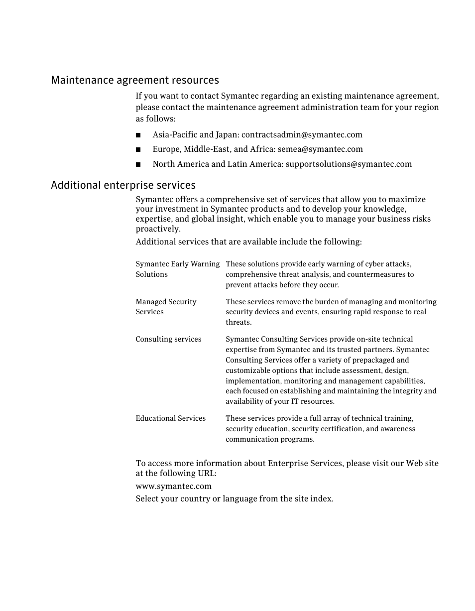 Maintenance agreement resources, Additional enterprise services | Symantec Critical System User Manual | Page 5 / 122