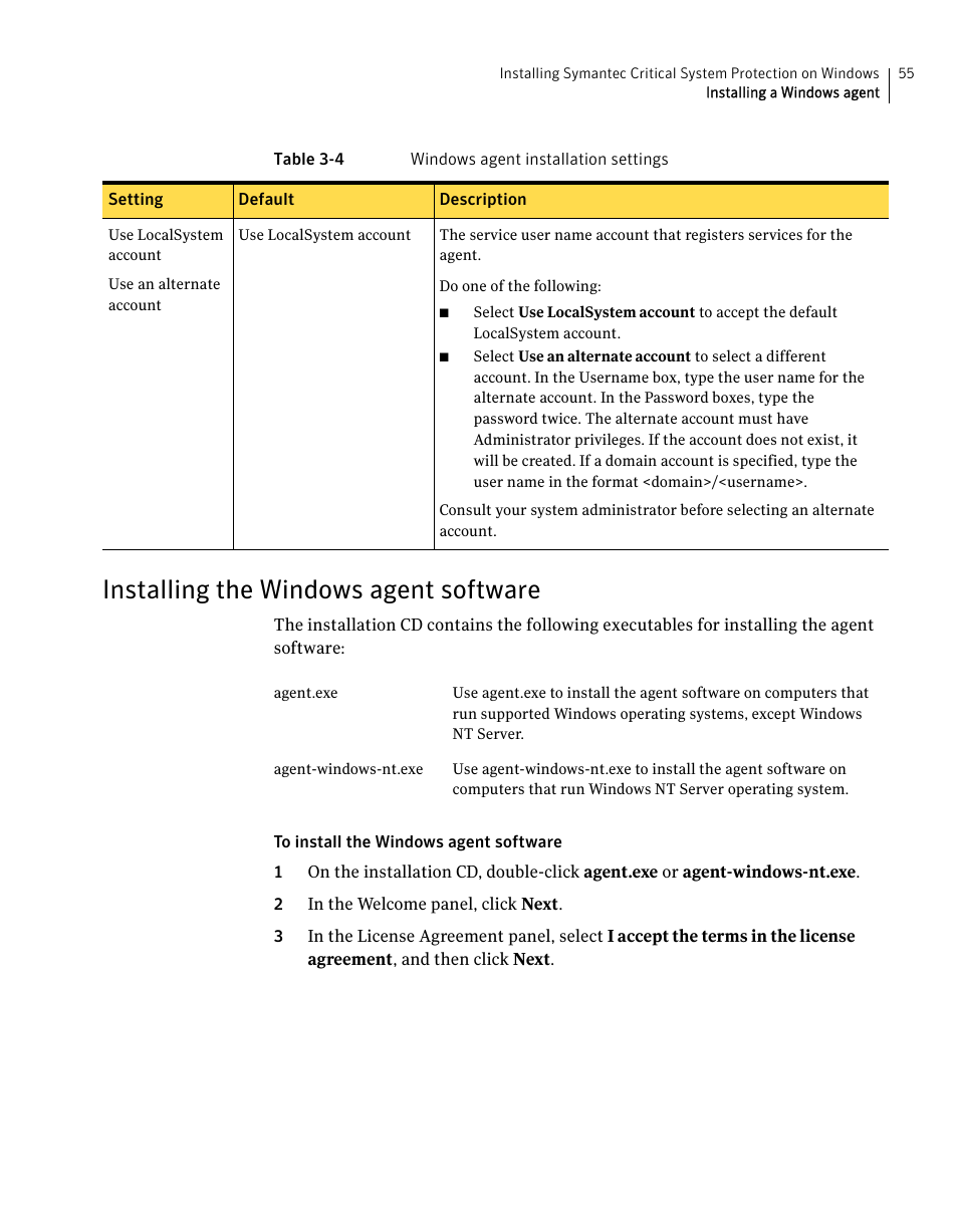 Installing the windows agent software | Symantec Critical System User Manual | Page 55 / 122