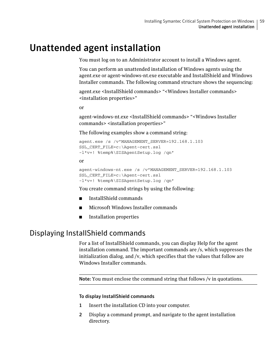 Unattended agent installation, Displaying installshield commands | Symantec Critical System User Manual | Page 59 / 122