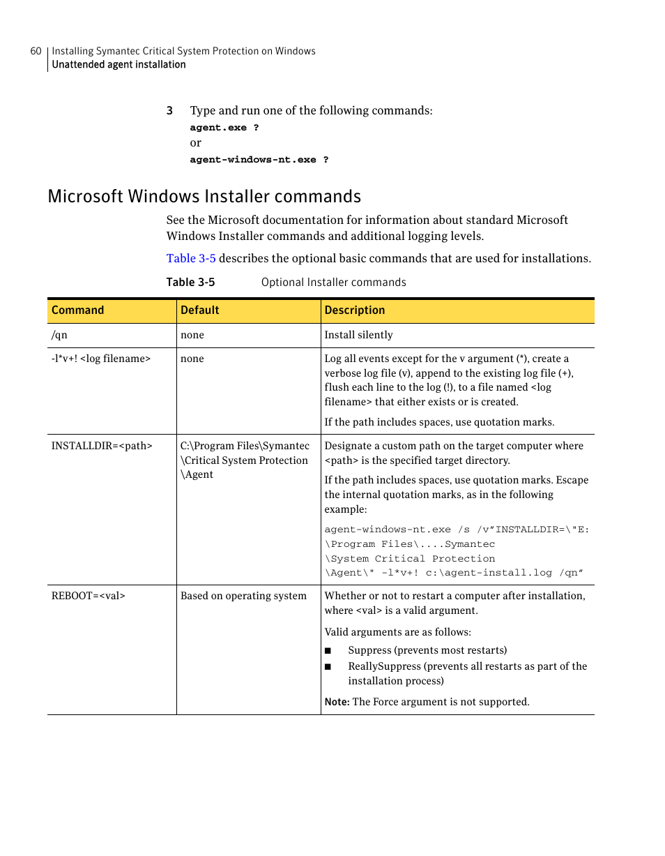 Microsoft windows installer commands | Symantec Critical System User Manual | Page 60 / 122