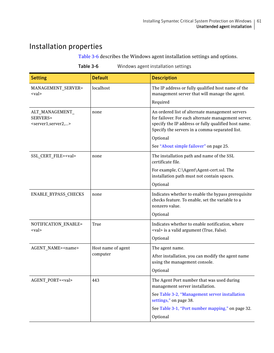 Installation properties | Symantec Critical System User Manual | Page 61 / 122