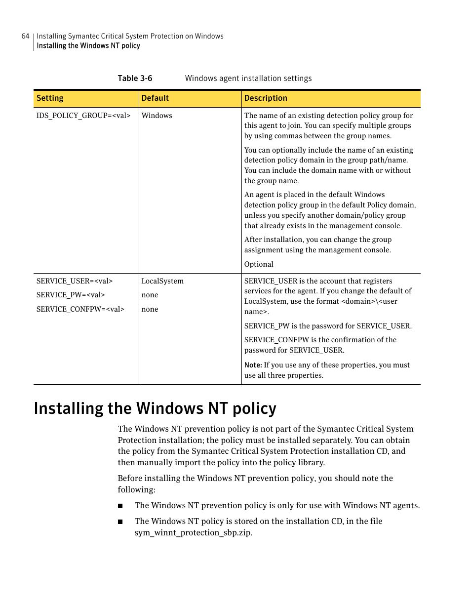 Installing the windows nt policy | Symantec Critical System User Manual | Page 64 / 122