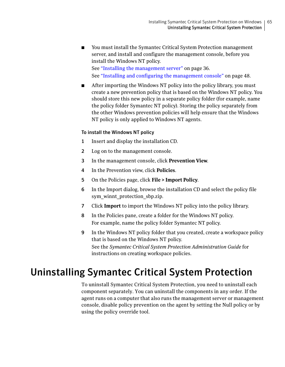Uninstalling symantec critical system protection | Symantec Critical System User Manual | Page 65 / 122