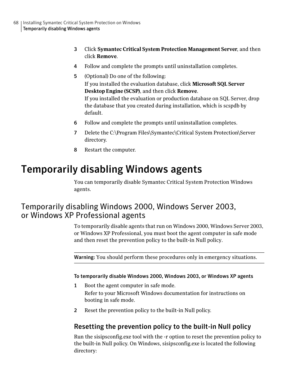 Temporarily disabling windows agents | Symantec Critical System User Manual | Page 68 / 122