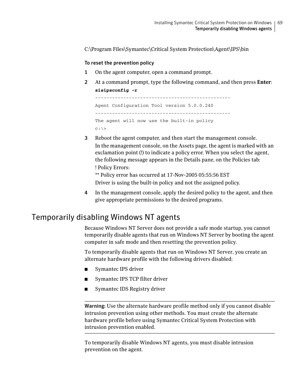 Temporarily disabling windows nt agents | Symantec Critical System User Manual | Page 69 / 122