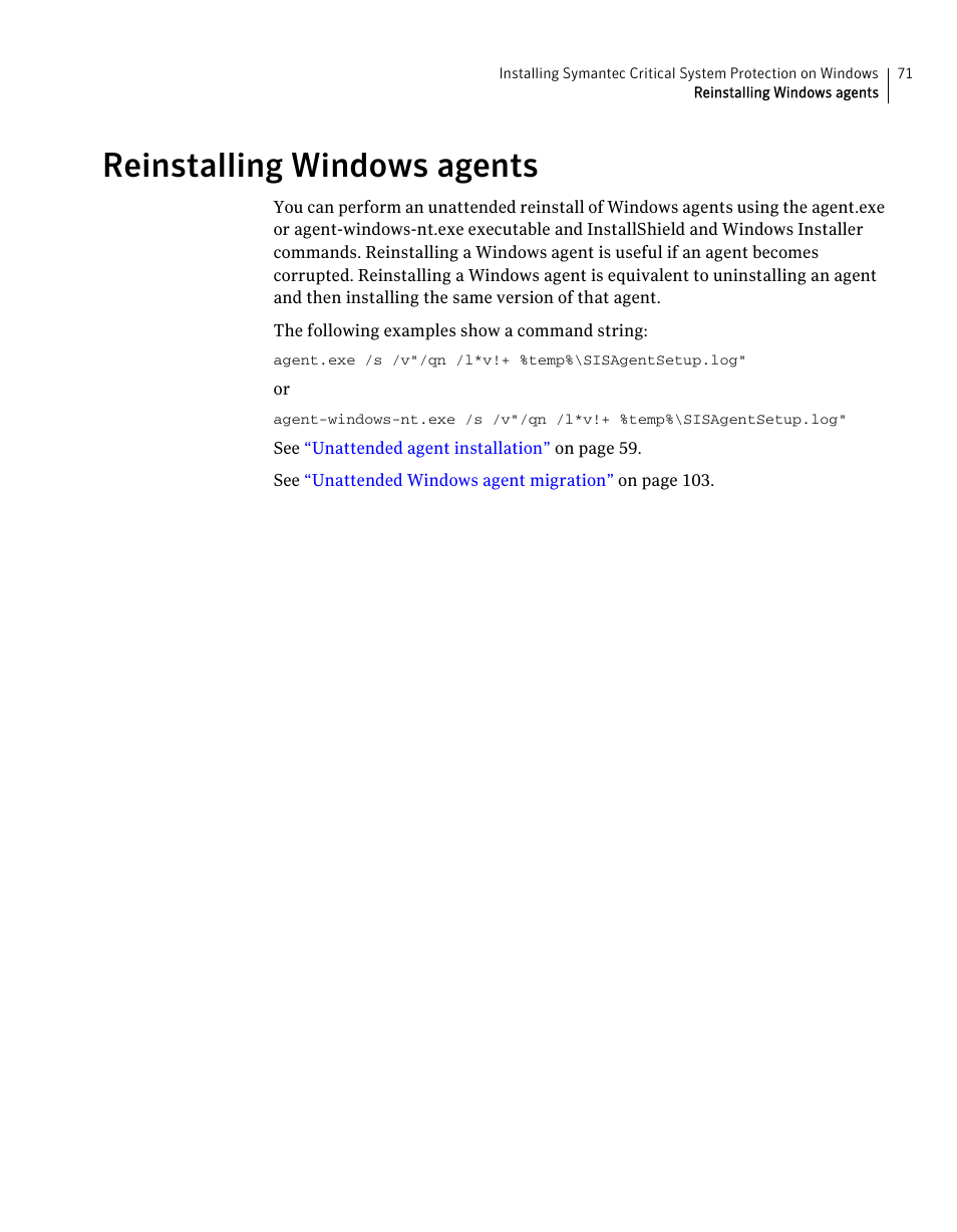 Reinstalling windows agents | Symantec Critical System User Manual | Page 71 / 122