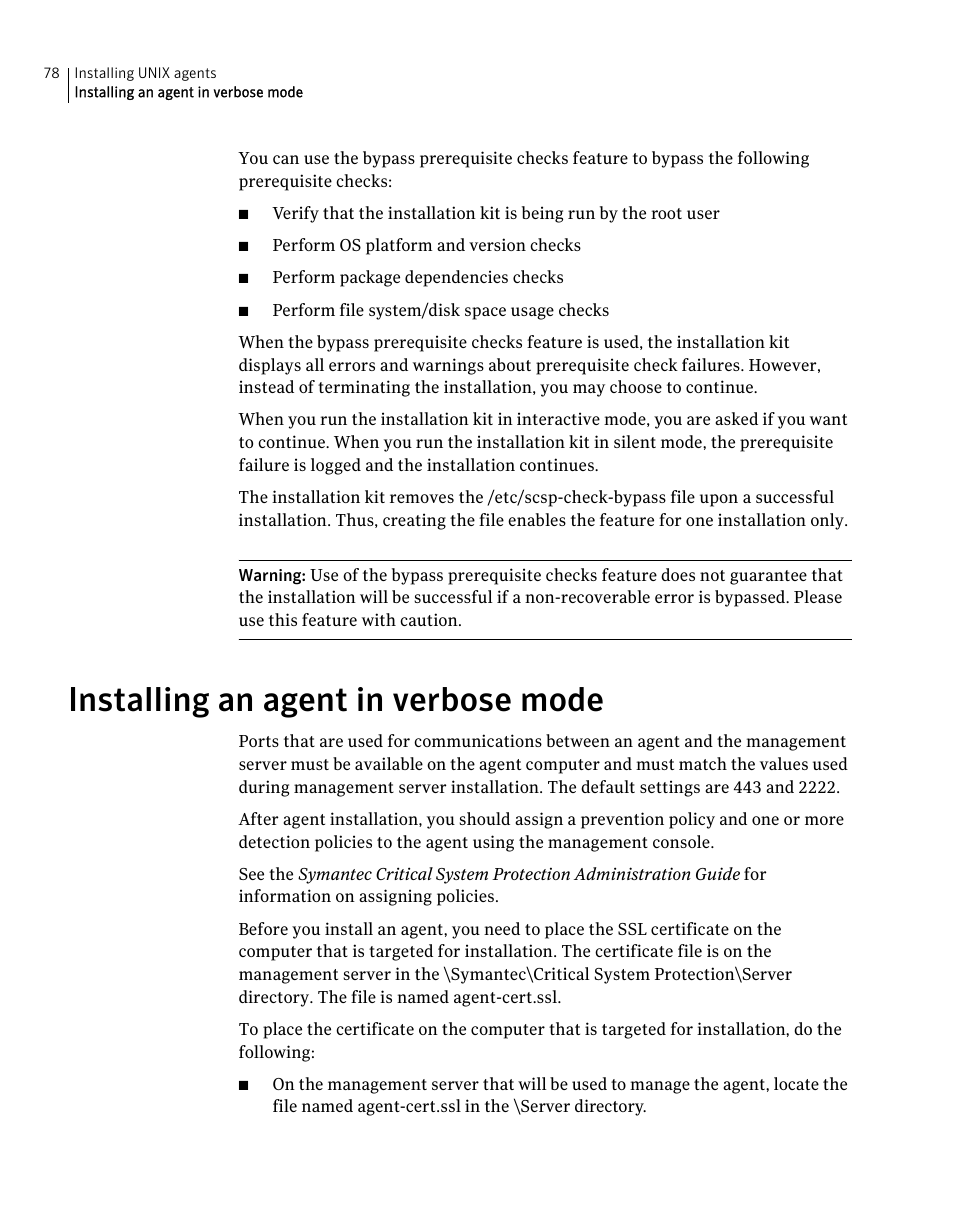 Installing an agent in verbose mode | Symantec Critical System User Manual | Page 78 / 122
