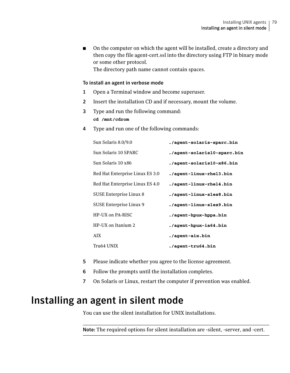 Installing an agent in silent mode | Symantec Critical System User Manual | Page 79 / 122