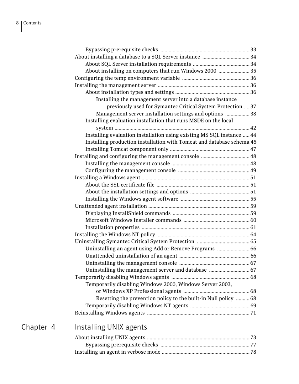 Chapter 4 installing unix agents | Symantec Critical System User Manual | Page 8 / 122