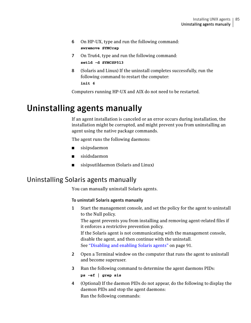 Uninstalling agents manually, Uninstalling solaris agents manually | Symantec Critical System User Manual | Page 85 / 122