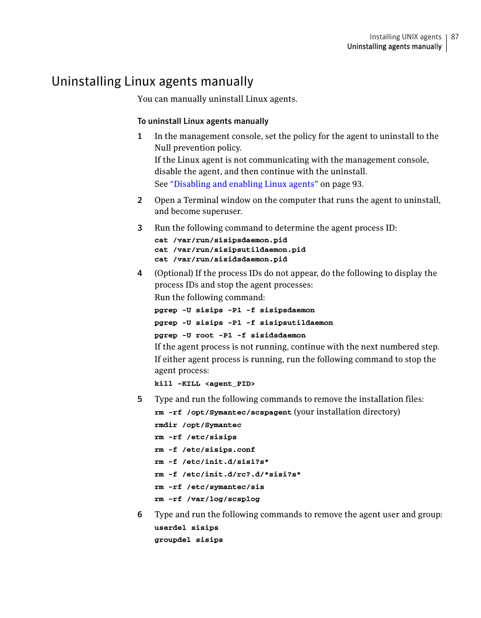 Uninstalling linux agents manually | Symantec Critical System User Manual | Page 87 / 122