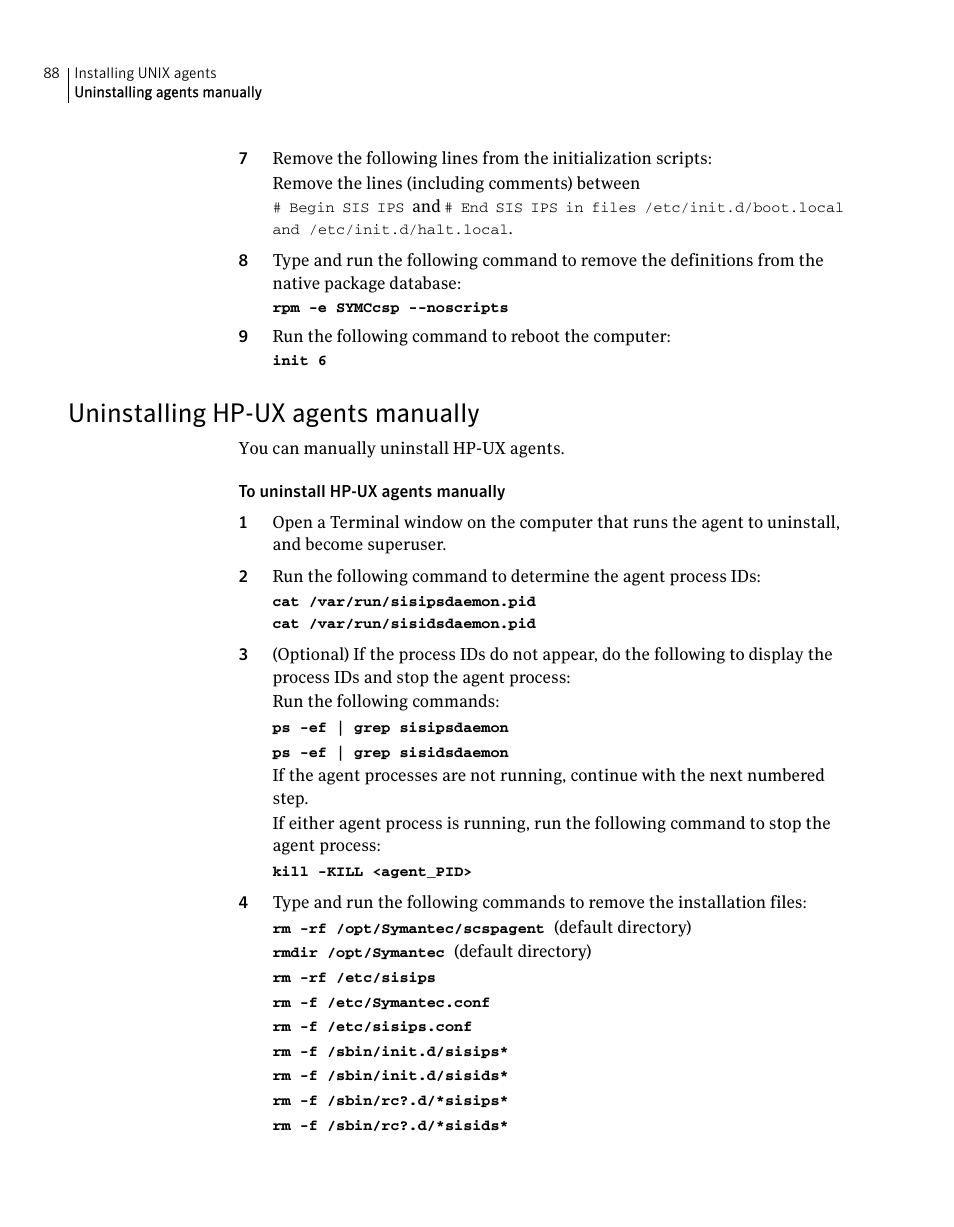 Uninstalling hp-ux agents manually | Symantec Critical System User Manual | Page 88 / 122