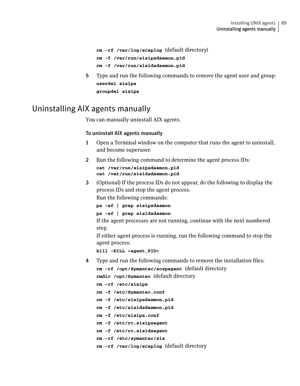 Uninstalling aix agents manually | Symantec Critical System User Manual | Page 89 / 122