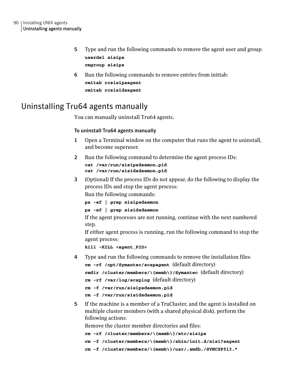 Uninstalling tru64 agents manually | Symantec Critical System User Manual | Page 90 / 122