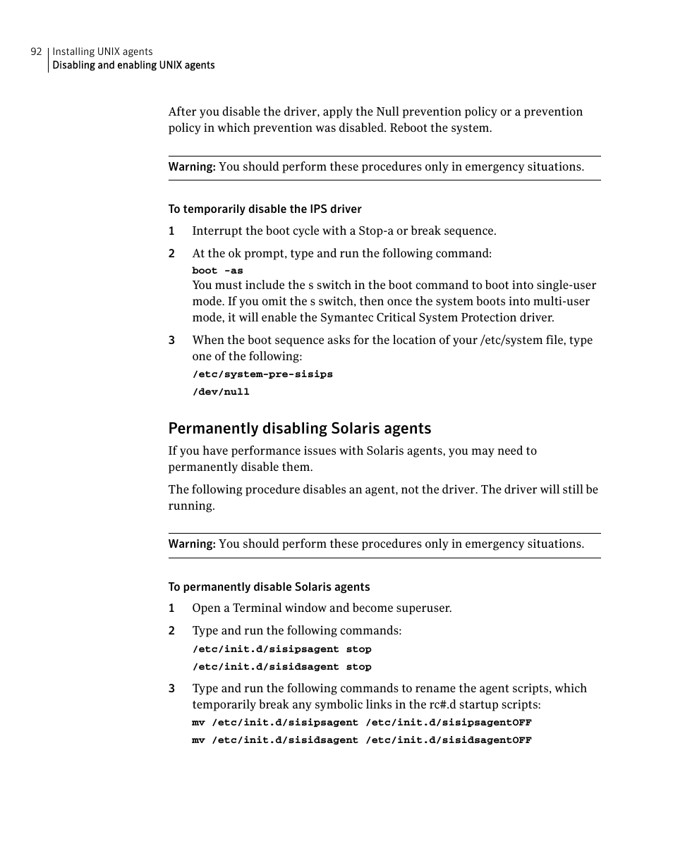 Permanently disabling solaris agents | Symantec Critical System User Manual | Page 92 / 122