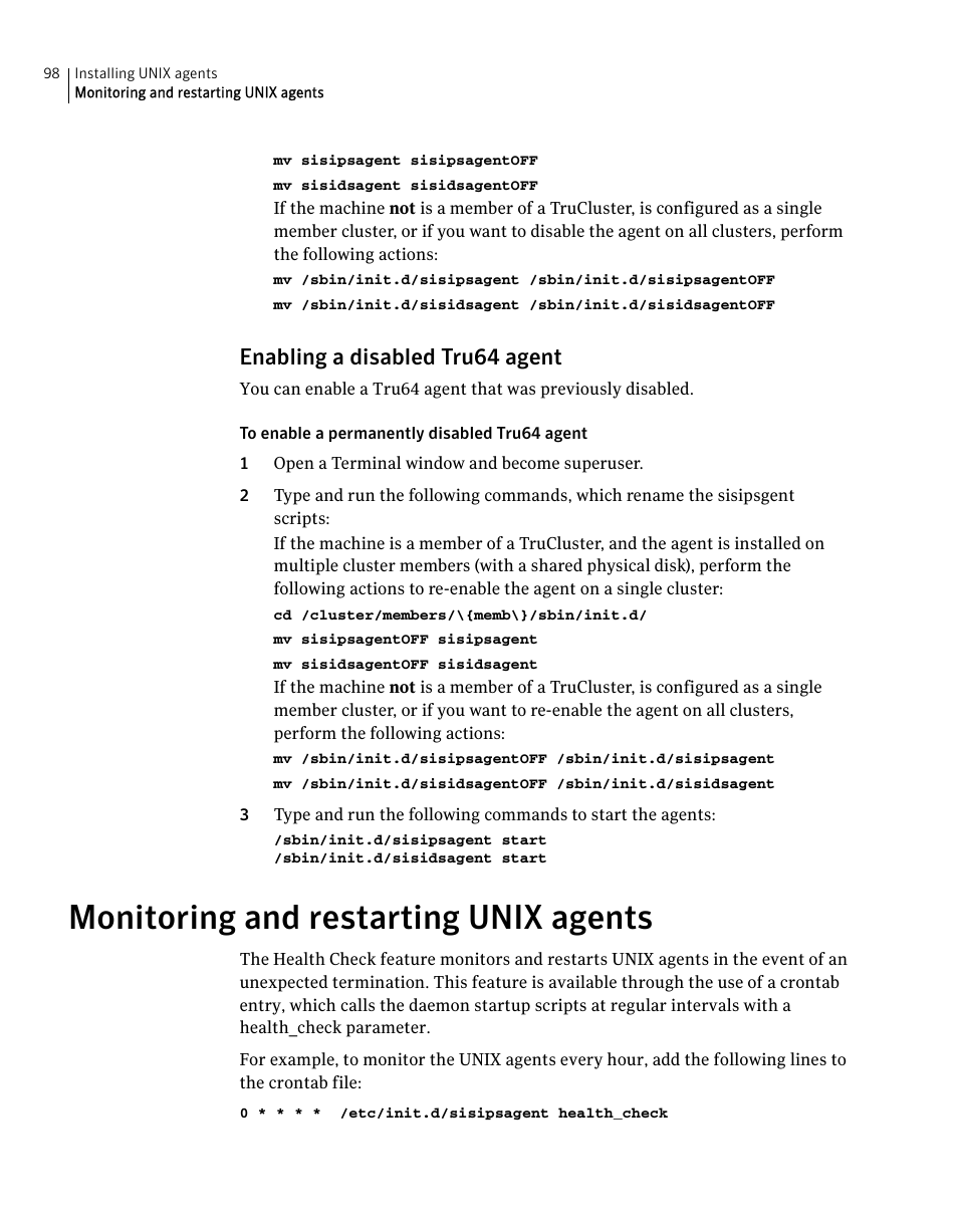 Monitoring and restarting unix agents, Enabling a disabled tru64 agent | Symantec Critical System User Manual | Page 98 / 122