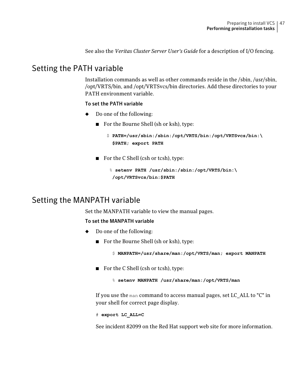 Setting the path variable, Setting the manpath variable, 47 setting the manpath variable | Symantec Veritas 5 User Manual | Page 47 / 176