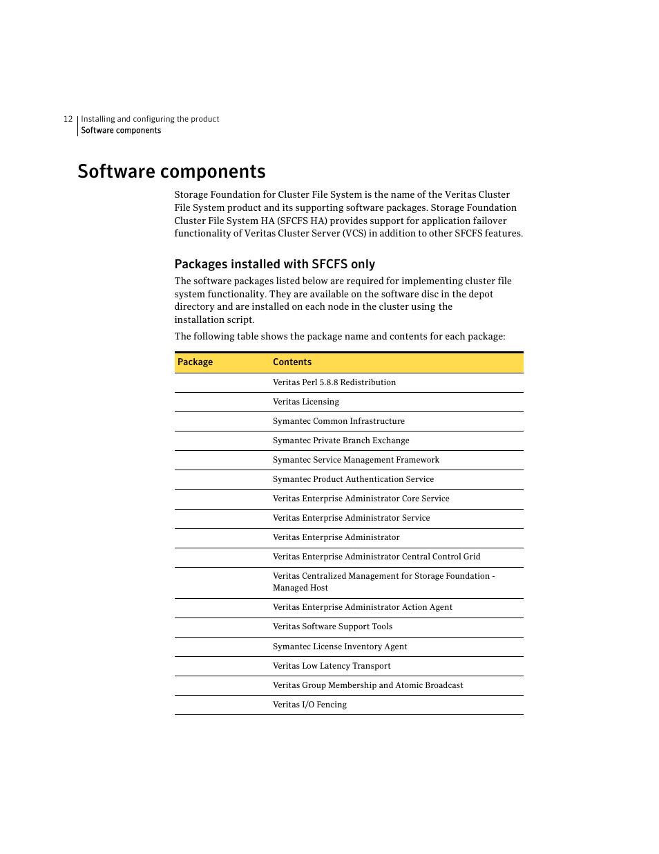 Software components, Packages installed with sfcfs only | Symantec VERITAS STORAGE FOUNDATION HP-UX User Manual | Page 10 / 66