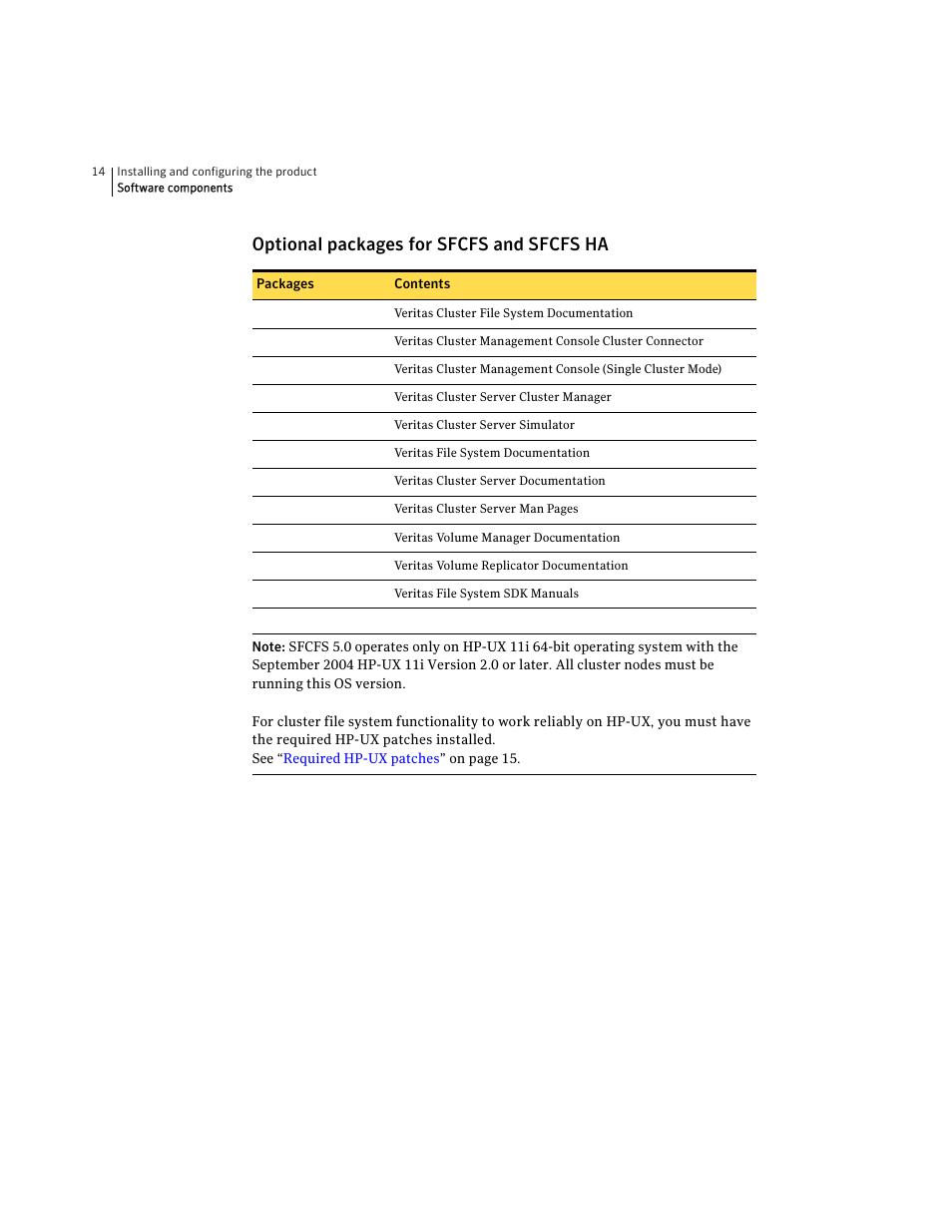 Optional packages for sfcfs and sfcfs ha | Symantec VERITAS STORAGE FOUNDATION HP-UX User Manual | Page 12 / 66
